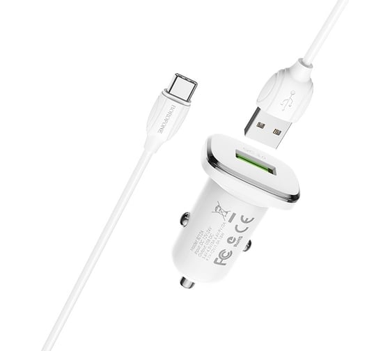 Автомобильное зарядное устройство Borofone bz12a lasting power 1xusb, 3a, qc3.0 + кабель type-c, 1м белый 0L-00044350