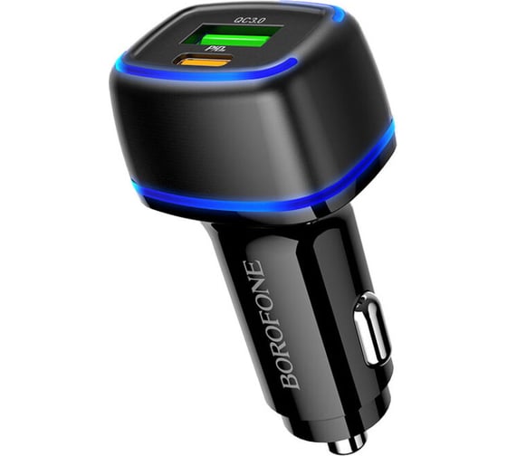 Автомобильное зарядное устройство Borofone bz14a mercury usb qc3.0 + usb-c pd 20w, 3a, led + кабель type-c, 1м черный 0L-00050247 1