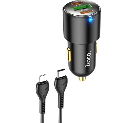 Автомобильное зарядное устройство Hoco nz6 1хusb, 3a, 2xusb-c, pd45w, qc3.0 + usb-c кабель lightning 8-pin, 1м (черный) 0L-00056012 1