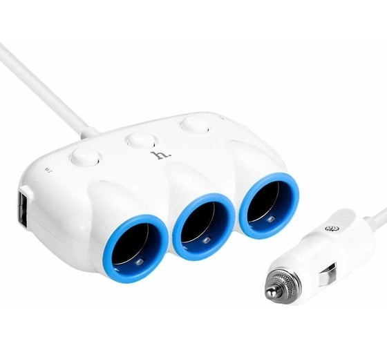 Азу разветвитель прикуривателя Hoco c1 2xusb, 3.1а, 3 гнезда прикуривателя, 0.55м (белый) 0L-00038982