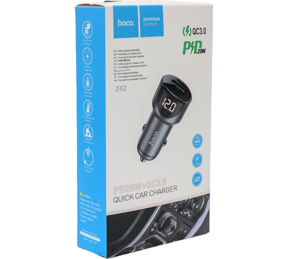 Автомобильное зарядное устройство Hoco z42 light road 1xusb, 1xusb-c, 3а, pd20w, qc3.0, led дисплей (серый) 0L-00050628