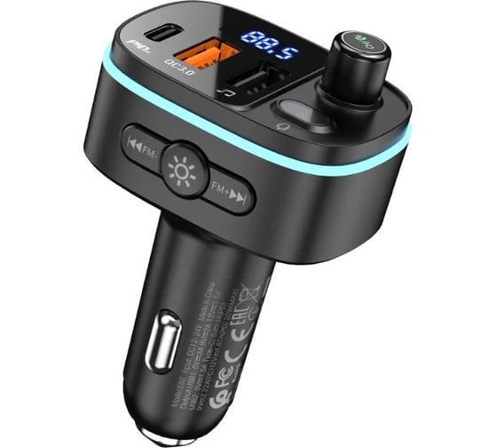 Автомобильное зарядное устройство Hoco e62 fast 1xusb, 1xusb-c, 3а, pd20w, qc3.0, bt5.0, usb flash, fm, led дисплей (черный) 0L-00053496
