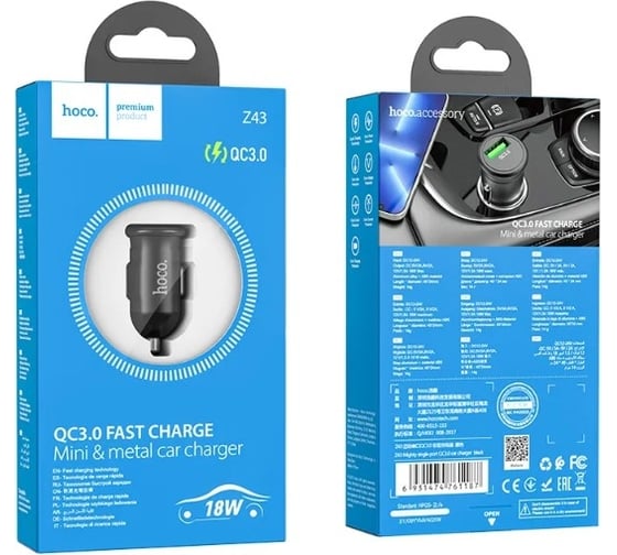 Автомобильное зарядное устройство Hoco z43 mighty 1xusb, 3а, 18w, qc3.0 + usb кабель type-c, 1м (серый) 0L-00054497