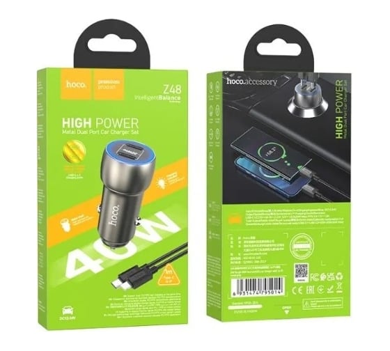Автомобильное зарядное устройство Hoco z48 tough 2xusb-c, 3а, pd40w, qc3.0 (серый) 0L-00058081