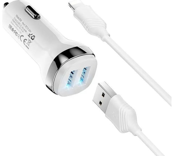 Автомобильное зарядное устройство Hoco z40 superior 2xusb, 2.4а, led + usb кабель lightning 8-pin, 1м (белый) 0L-00049980