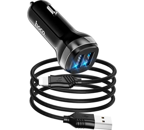 Автомобильное зарядное устройство Hoco z40 superior 2xusb, 2.4а, led + usb кабель microusb, 1м (черный) 0L-00049981 1
