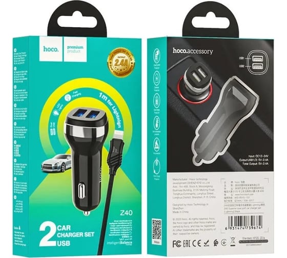 Автомобильное зарядное устройство Hoco z40 superior 2xusb, 2.4а, led + usb кабель microusb, 1м (черный) 0L-00049981