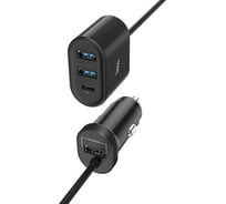 Автомобильное зарядное устройство Hoco z35 companheiro 1xusb, 2.4а, 18w, qc3.0, led, интегр кабель 2хusb, 1xusb-c, 1.2м (черный) 0L-MG-WF328
