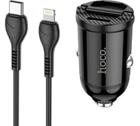 Автомобильное зарядное устройство Hoco nz2 link 1xusb, 1xusb-c, 4.8а, pd30w, qc3.0 + usb-c кабель lightning 8-pin, 1м (черный) 0L-00051188