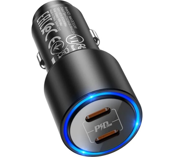 Автомобильное зарядное устройство Hoco nz3 clear way 2xusb-c, 3а, 40w, 2xpd20w, qc3.0, led + usb кабель lightning 8-pin,1м(черный) 0L-00053495