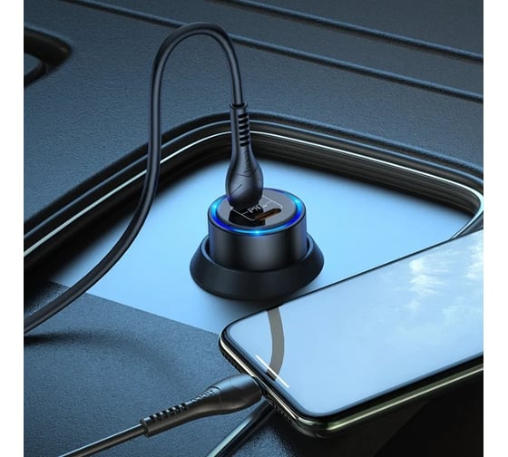 Автомобильное зарядное устройство Hoco nz3 clear way 2xusb-c, 3а, 40w, 2xpd20w, qc3.0, led + usb кабель lightning 8-pin,1м(черный) 0L-00053495