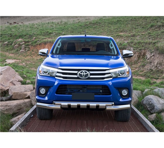 Защита переднего бампера Rival d76+d57 с пр.ЗК, для Toyota Hilux кроме Exclusive 2015-2018 г.в./Hilux кроме BlackOnyx 2020-н.в., нержавеющая сталь R.5716.003