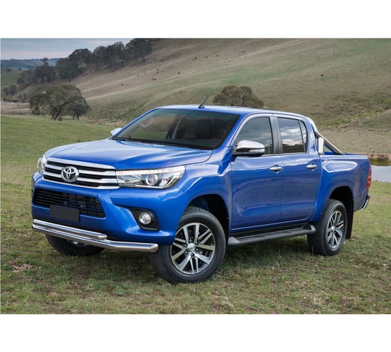 Защита переднего бампера d76+d57 Rival для Toyota Hilux VIII (кроме Exclusive) 2015-2018/Hilux VIII рестайлинг (кроме Black Onyx) 2020-н.в., нерж. сталь, R.5716.001