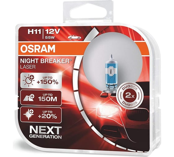 Автолампа, 2 шт. OSRAM H11 55 PGJ19-2+150% NIGHT LASER 3750K, 12V ,1,10 64211NL-HCB