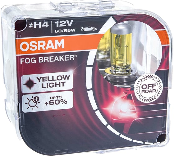 Автолампа, евробокс, 2шт. OSRAM H4 60/55 P43t FOG BREAKER 2600K 12V /1/10 62193FBR-HCB