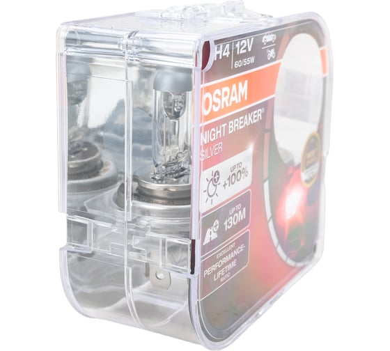 Автолампа, евробокс, 2шт. OSRAM H4 60/55 P43t+100% NIGHT BREAKER SILVER 12V /1/10 64193NBS-HCB