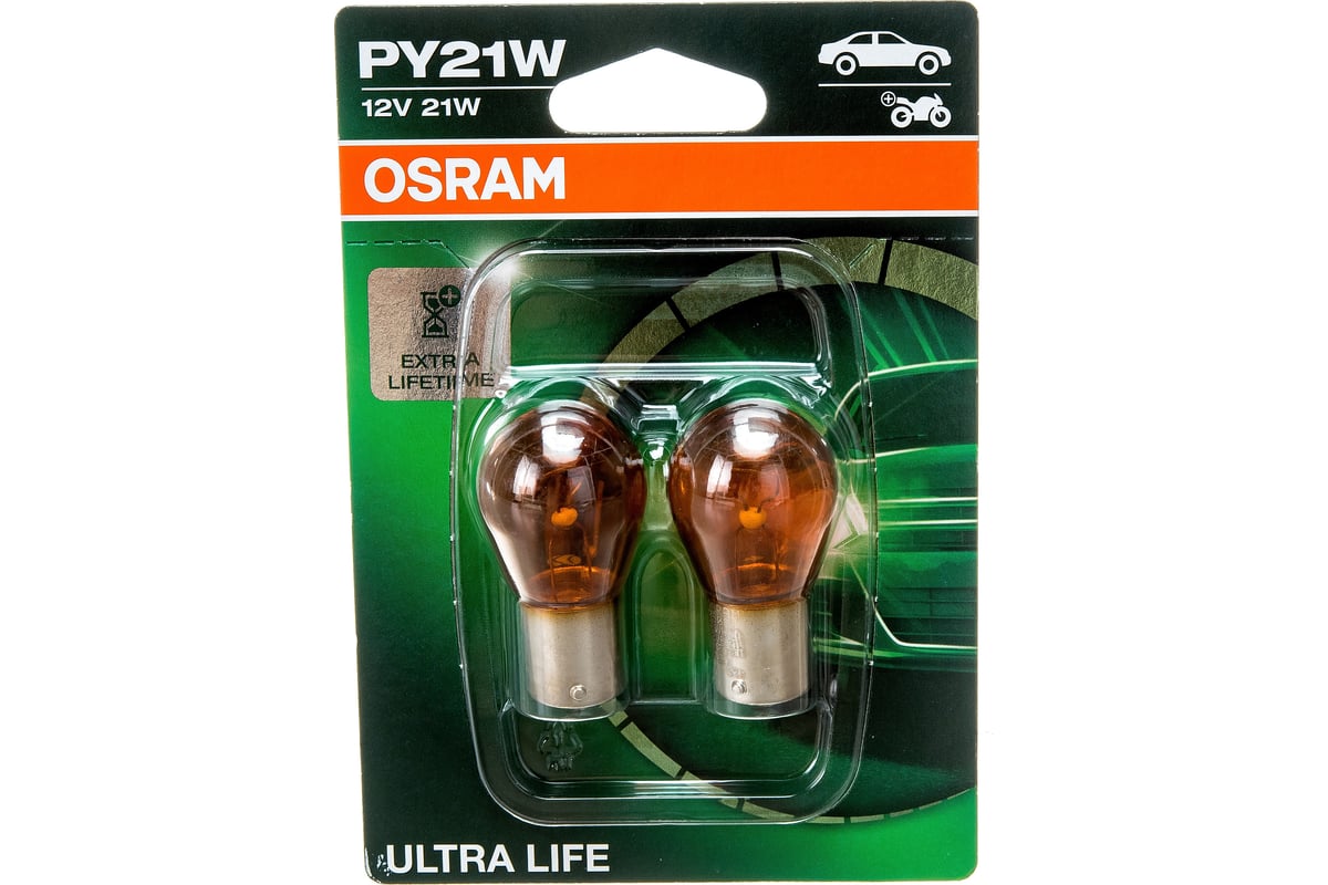 Автолампа, блистер, 2шт. OSRAM PY21W BAU15s YELLOW ULTRA LIFE 12V /1/10/50  7507ULT-02B - выгодная цена, отзывы, характеристики, фото - купить в Москве  и РФ