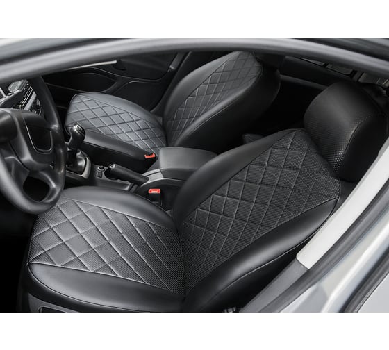 Авточехлы Rival Ромб (задняя спинка цельная) Volkswagen Polo седан 2010-2020, эко-кожа, черные, SC.5803.2