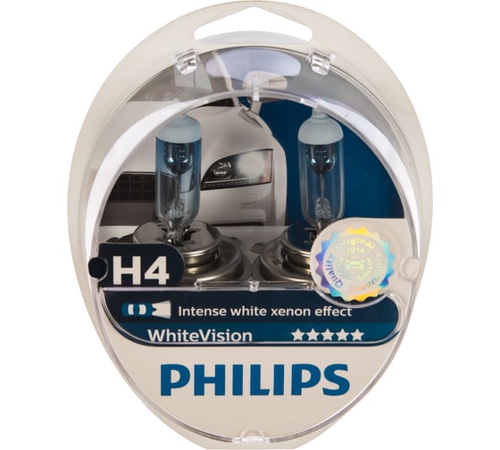 Автолампа, 2шт.+2шт. PHILIPS H4 60/55 P43t-38 WHITE VISION 4300K W5W 12V /1/10 12342WHVSM