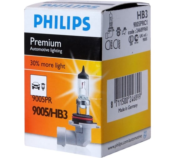 Автолампа PHILIPS HB3,9005 60 P20d+30% 12V ,1,10,100 9005PRC1