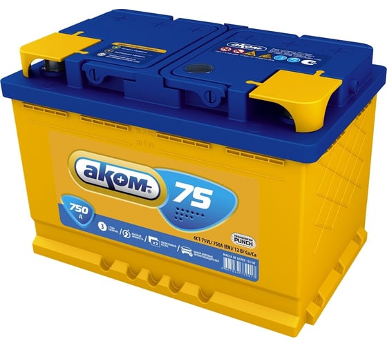 Аккумуляторная батарея АКОМ 75 Ah 750 A, прямая полярность 014075001