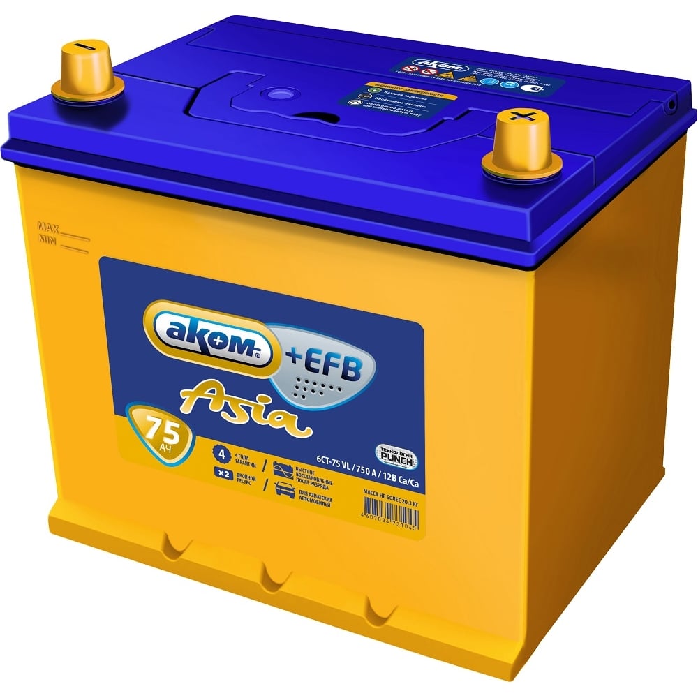 Аккумуляторная батарея Аком Asia + EFB 75Е Ah, 750 A, обратная ...