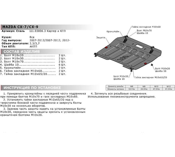 ЗК+КПП Mazda CX-7 2007-2012/CX-9 2007-2012 2012-2015, сталь 2 мм АвтоБроня 111.03806.3