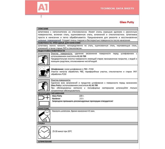Усиленная шпатлевка из стекловолокна А1 GLASS PUTY 500 мл, 0.9 кг S1-301GG-0500