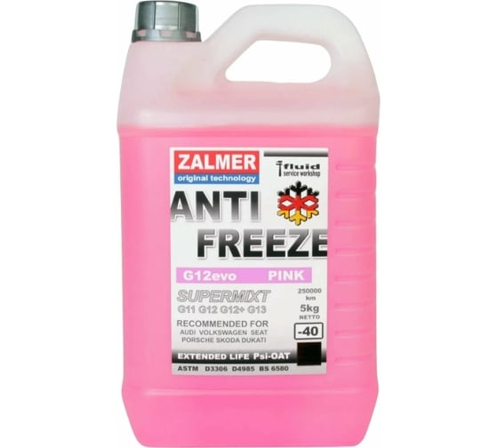 Антифриз ZALMER Antifreeze ZR4000 G12 evo розовый совместим с GLYSANTIN G65 Ready Mix, - 40С, 5 кг VAG40P005 1