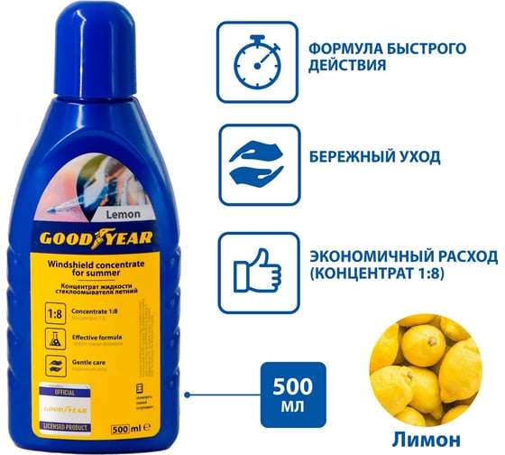 Концентрат жидкости стеклоомывателя Goodyear (летний) 1:8 (лимон), пластиковая бутылка 500мл GY000805