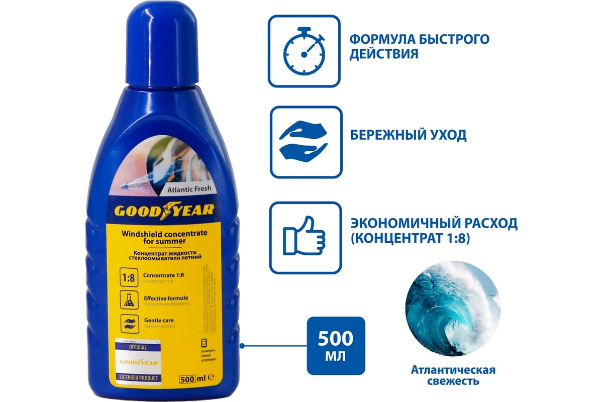 Концентрат жидкости стеклоомывателя Goodyear (летний) 1:8 атлантическая  свежесть, пластиковая бутылка 500мл GY000804 - выгодная цена, отзывы,  характеристики, фото - купить в Москве и РФ