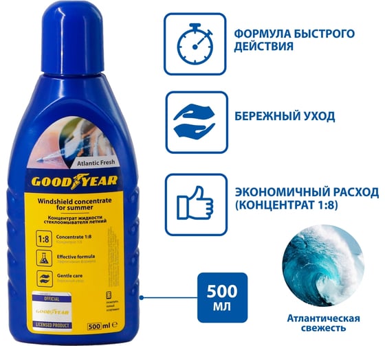 Концентрат жидкости стеклоомывателя Goodyear (летний) 1:8 атлантическая свежесть, пластиковая бутылка 500мл GY000804