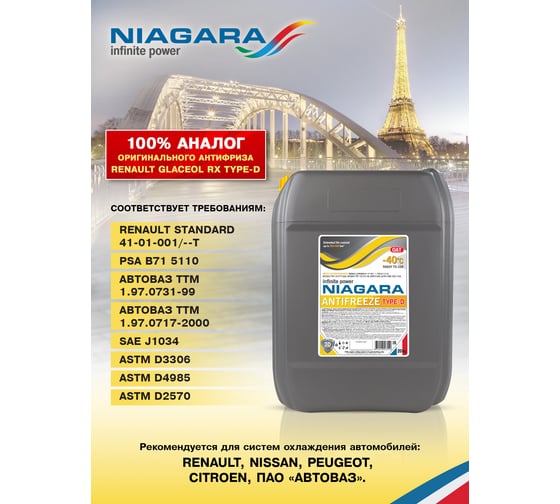 Охлаждающая жидкость NIAGARA Антифриз Ниагара Type-D 40 (желтый) 20 кг 013001004070