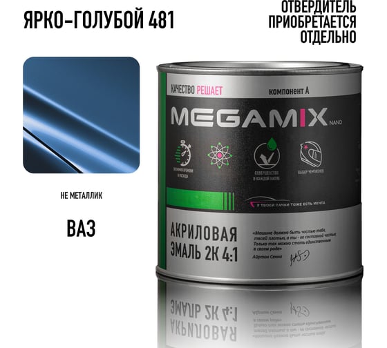 Акриловая краска автомобильная Megamix 2К 4:1, Ярко-голубой 481, 840мл (необходим отвердитель), 4673755204427