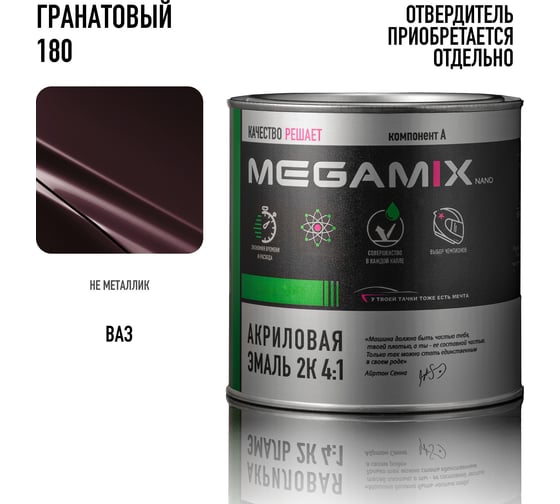 Акриловая краска автомобильная Megamix 2К 4:1, Гранатовый 180, 840мл (необходим отвердитель), 4673755203956