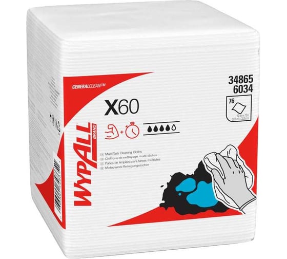 Протирочный материал Kimberly-Clark WypAll X60 сложенные в 1/4, белый, 76 листов, шт. 6034 1