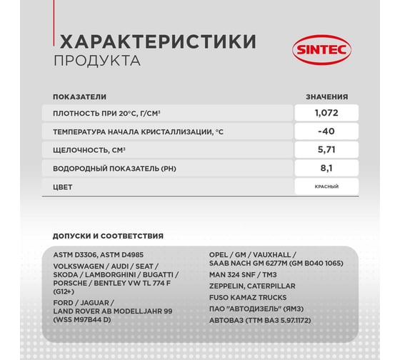 Антифриз Sintec LUXE -40 красный G12 + 3 кг 990464