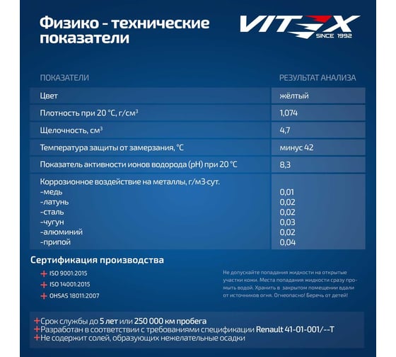 Антифриз VITEX O.E.M. for Renault Nissan -40 для европейских автомобилей Соответствует спецификации Renault 41-01-001/--T G12 Желтый 5 кг v111004