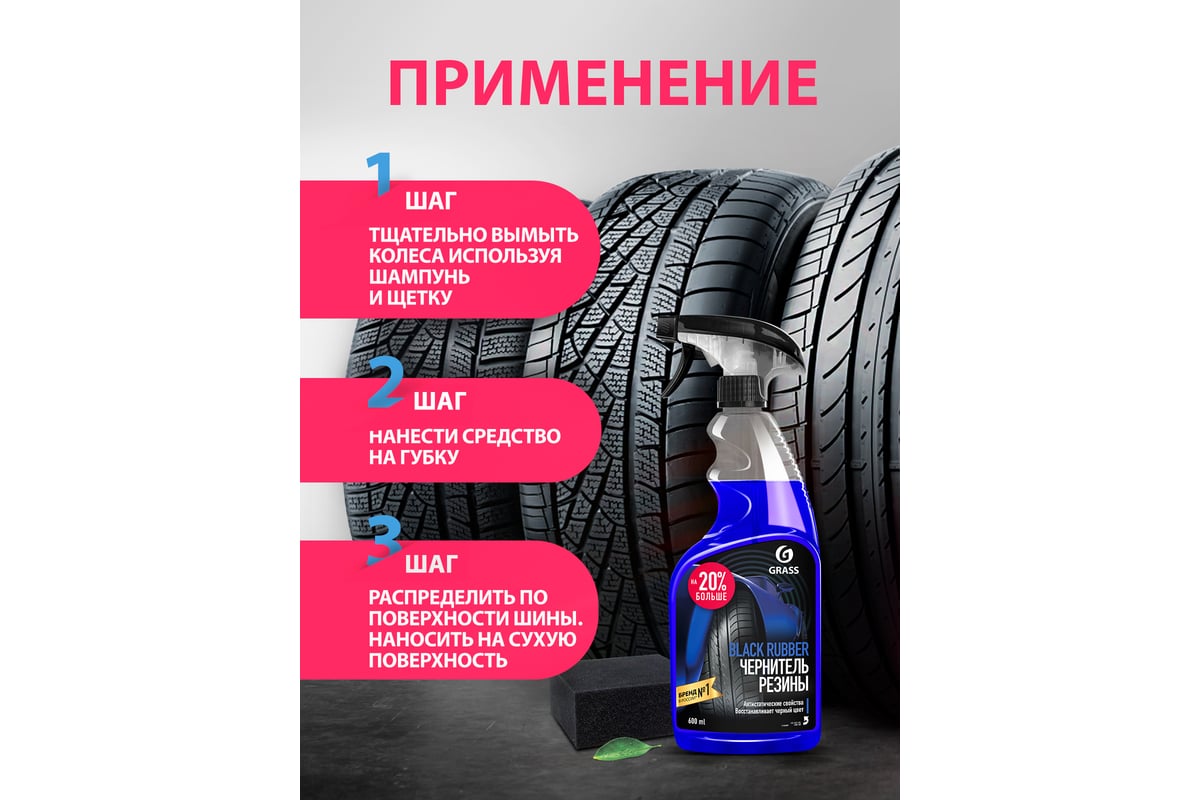 Полироль-чернитель шин Grass Black rubber 600 мл 110384 - выгодная цена,  отзывы, характеристики, 1 видео, фото - купить в Москве и РФ