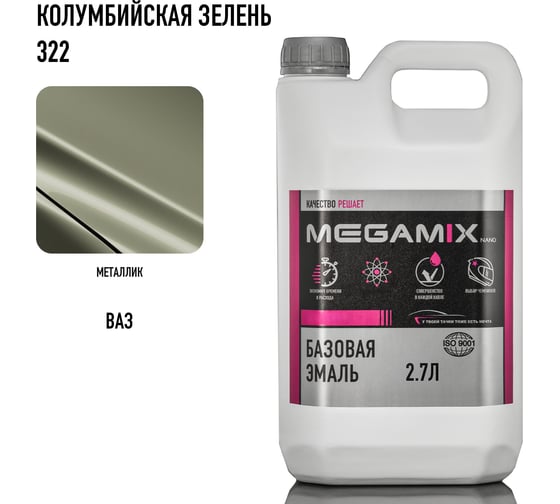 Базовая эмаль Megamix Колумбийская зелень 322, 2.7 кг. Базисная автомобильная краска под лак, металлик 4673755202201
