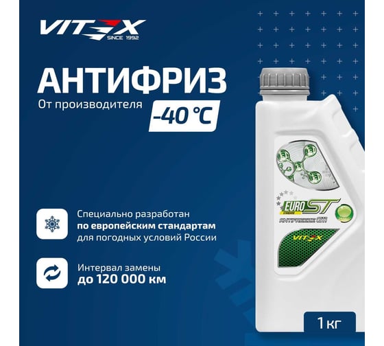 Антифриз VITEX EURO ST G-11 -40°С 1кг зеленый ASTM D 3306, ASTM D 4340, VW TL 774C, SAE J 1034, AFNOR R-15-601, BS 6580:1992 V101101