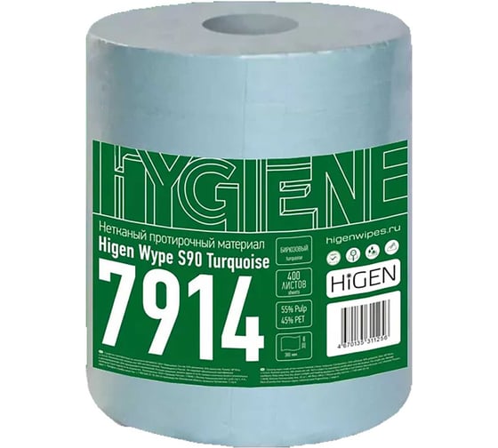 Универсальные безворсовые салфетки в рулоне Higen S90 бирюзовые, 60 gsm, 30x38 см, 55/45, 400 лст/рул 7914