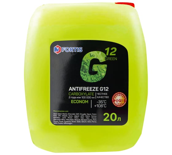 Антифриз FORTIS ANTIFREEZE G12 минус 35 "Эконом", упаковка 20 л п/эт кан по 21,36 кг по 20 л, 16С11