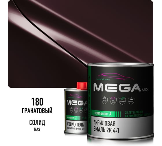 Эмаль акриловая Megamix 2К 4:1, Гранатовая 180 комплект (эмаль: 840 мл + отвердитель: 210 мл) 4673755229536