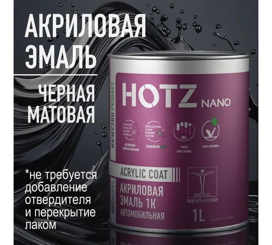 Акриловая эмаль HOTZ, 1К Черная матовая, 1000 мл (не требуется отвердитель) 4673755219414