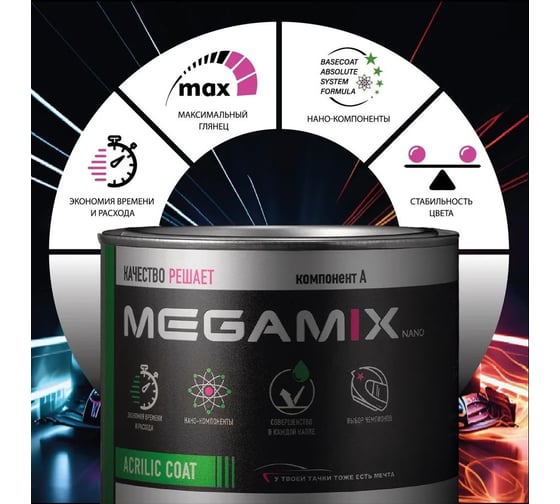 Акриловая эмаль Megamix 2К 4:1 Черный янтарь RAL 9005 комплект: эмаль 840 мл + отвердитель 210 мл 4673755219063