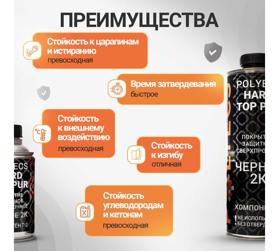 Сверхпрочное защитное покрытие Polyecs Hard Top PUR, тара поставки: основа, 0,8л, отверд. 0,2л, черное HT-BLAC