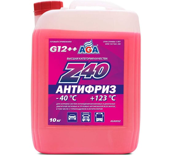 Антифриз AGA готовый к применению, красный, -40С, 10 кг, G-12++ AGA003Z