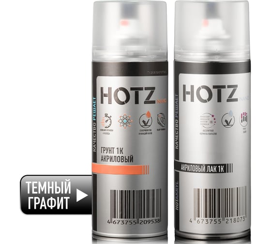 Грунтовка для автомобиля HOTZ1K акриловый, темный графит, 520 мл + лак автомобильный 1040 мл 4673755223398