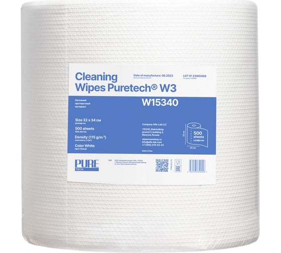 Нетканый протирочный материал Puretech W115 плотность 115гр/м2, белый, размер 34x32см 500 л/рулон W15340 1